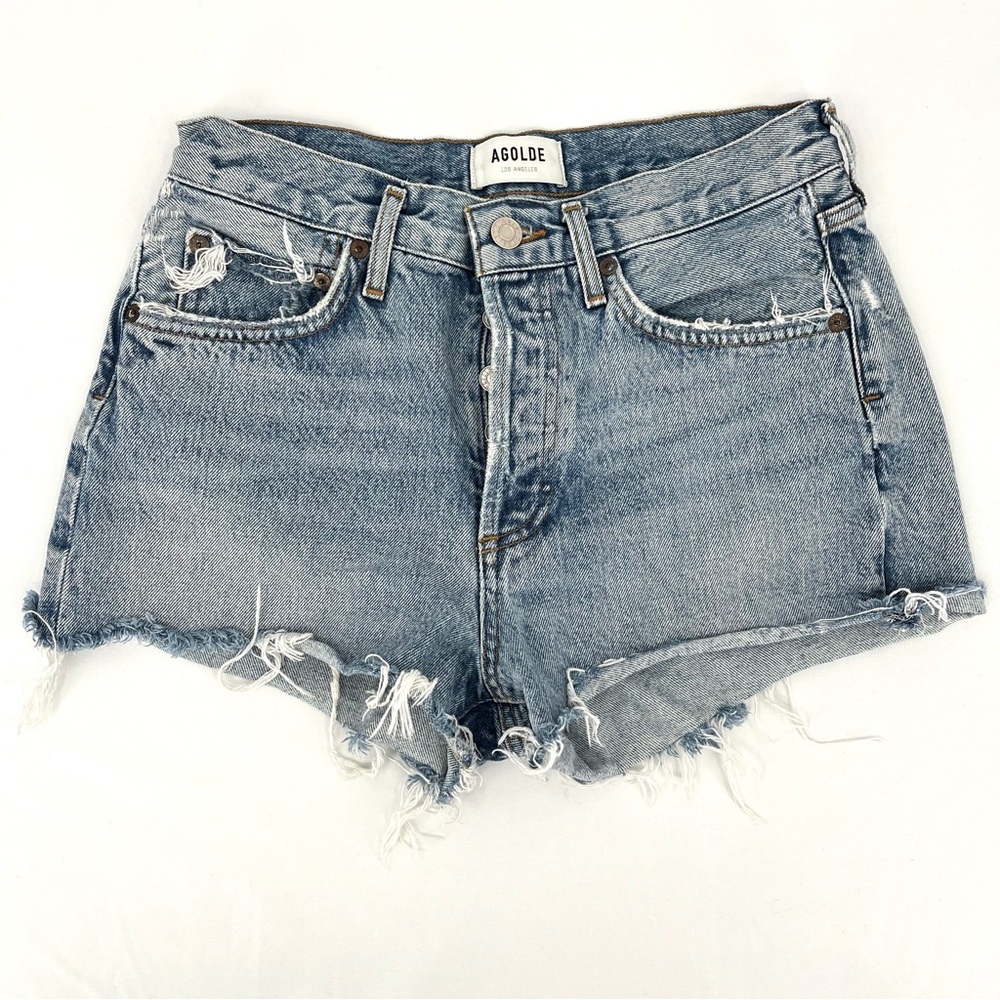 Agolde Distressed Denim Shorts - Light Blue